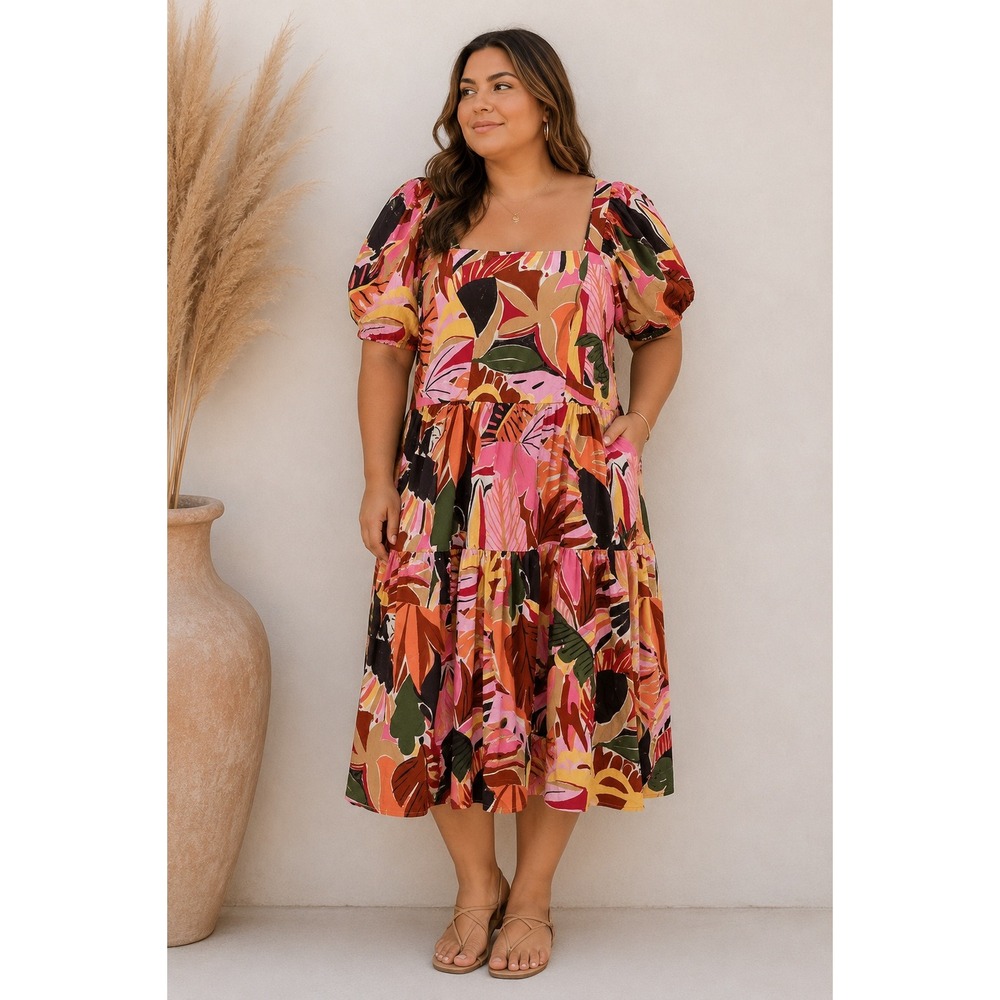 Crystal Sky Smocked Tiered Midi Dress‎ Women 1X Multicolor Tropical Puff Sleeve